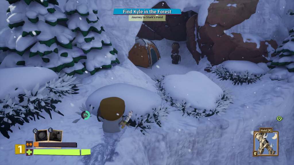 Player looking at a backpack between a person and a tent in a cave in South Park Snow Day
