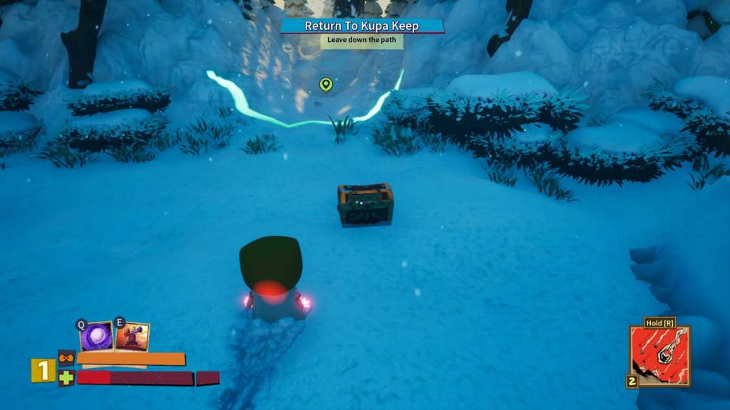 Player looking at a treasure chest in front of an exit gate in South Park Snow Day