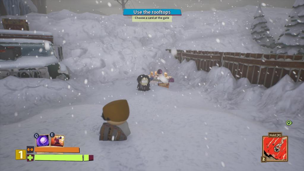 Player looking at Henrietta between a fence and a truck in South Park Snow Day
