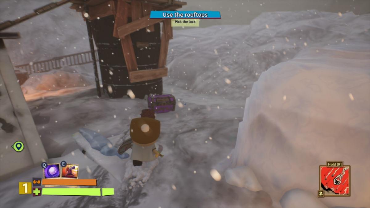 Player looking at a purple treasure chest under a wooden structure in South Park Snow Day