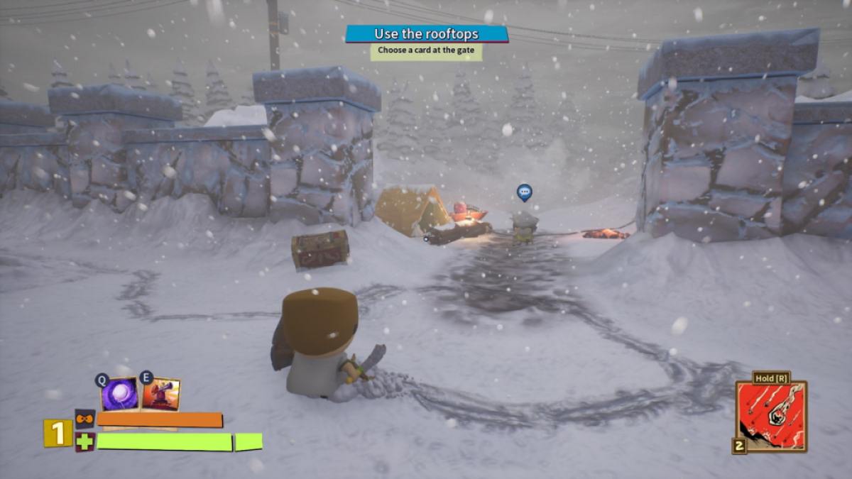 Player looking at the fourteenth treasure chest next to Jimmy and an orange tent in the Main Mission area of mission two in South Park Snow Day