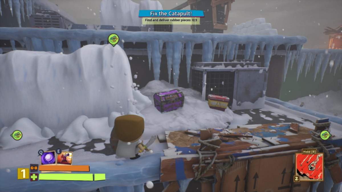 Player looking at a treasure chest next to a Cheesy Poofs container in South Park Snow Day