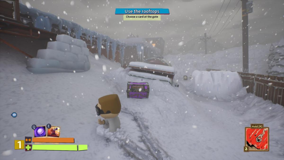 Player looking at a purple treasure chest in the Main Street area of mission two in South Park Snow Day