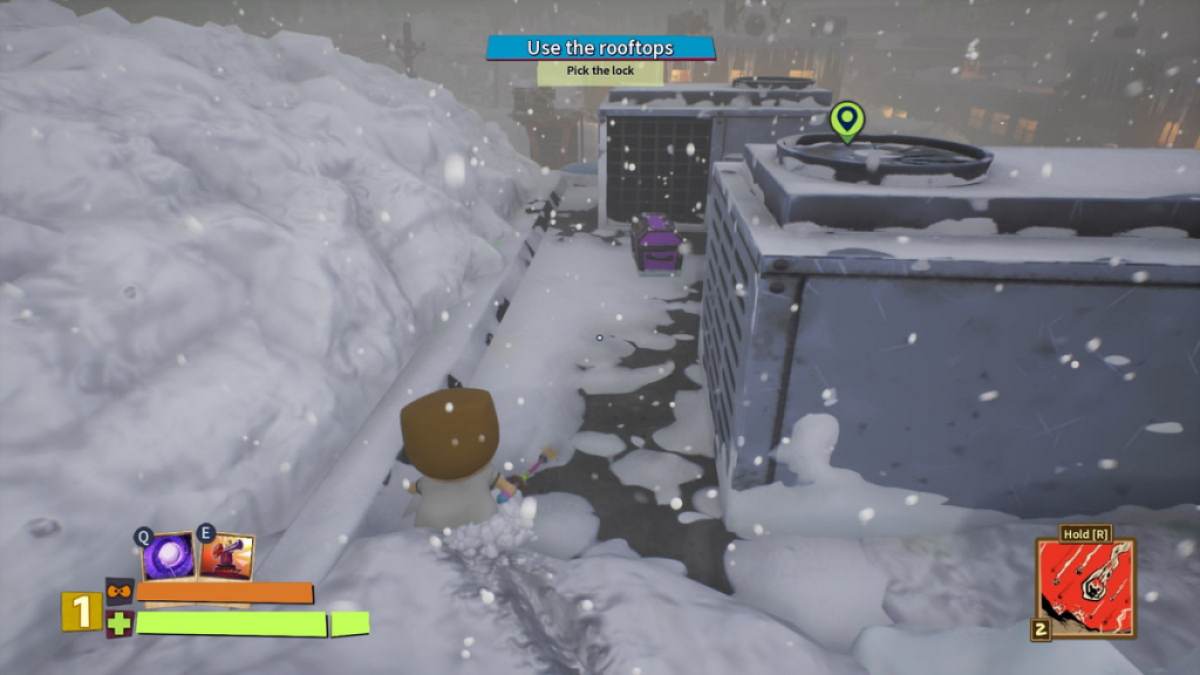 Player looking at a purple treasure chest between two air conditioning units in South Park Snow Day