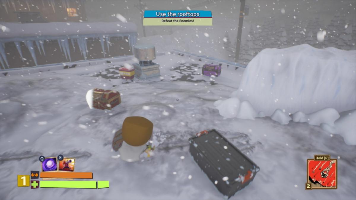Player looking at two treasure chest on top of a roof in the Main Street area of mission two in South Park Snow Day
