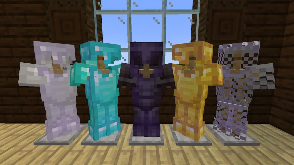 Five sets of enchanted armor in Minecraft.