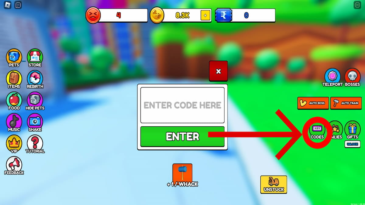 How to redeem codes in Pain Simulator.