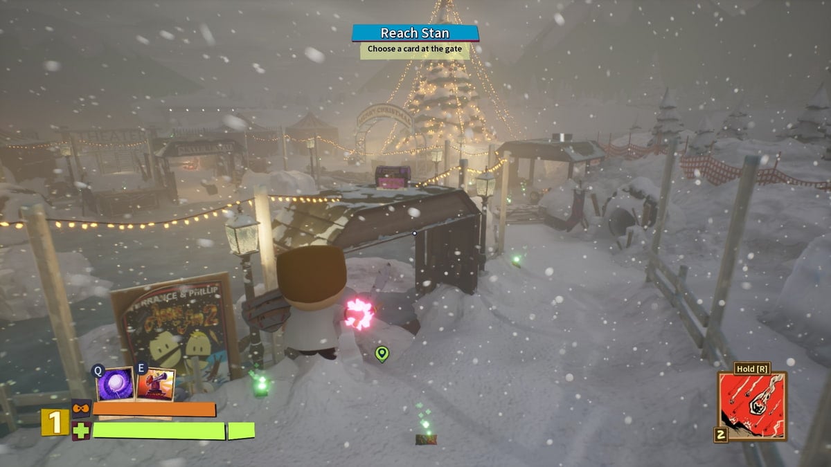 Player jumping to observe the fourth chest in the Police Station area of mission two in South Park Snow Day