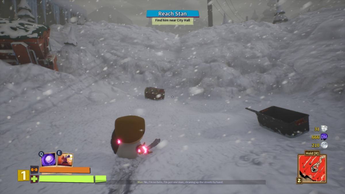Player looking at the first treasure chest in the Police Station area of mission two in South Park Snow Day