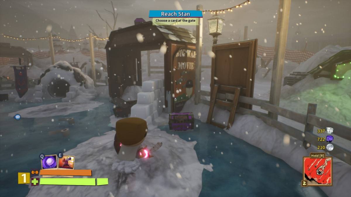 Player standing in front of the third treasure chest in the Police Station area of mission two in South Park Snow Day