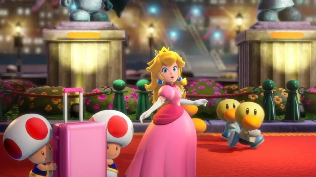 Peach arrives to the theater, Toad carries her luggage