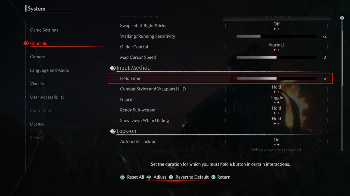 Rise of the Ronin Controls settings menu