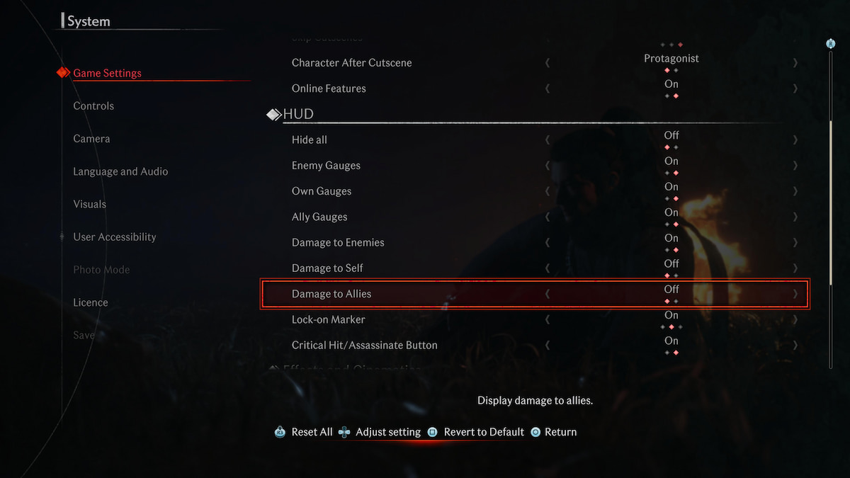 Rise of the Ronin Game Settings menu