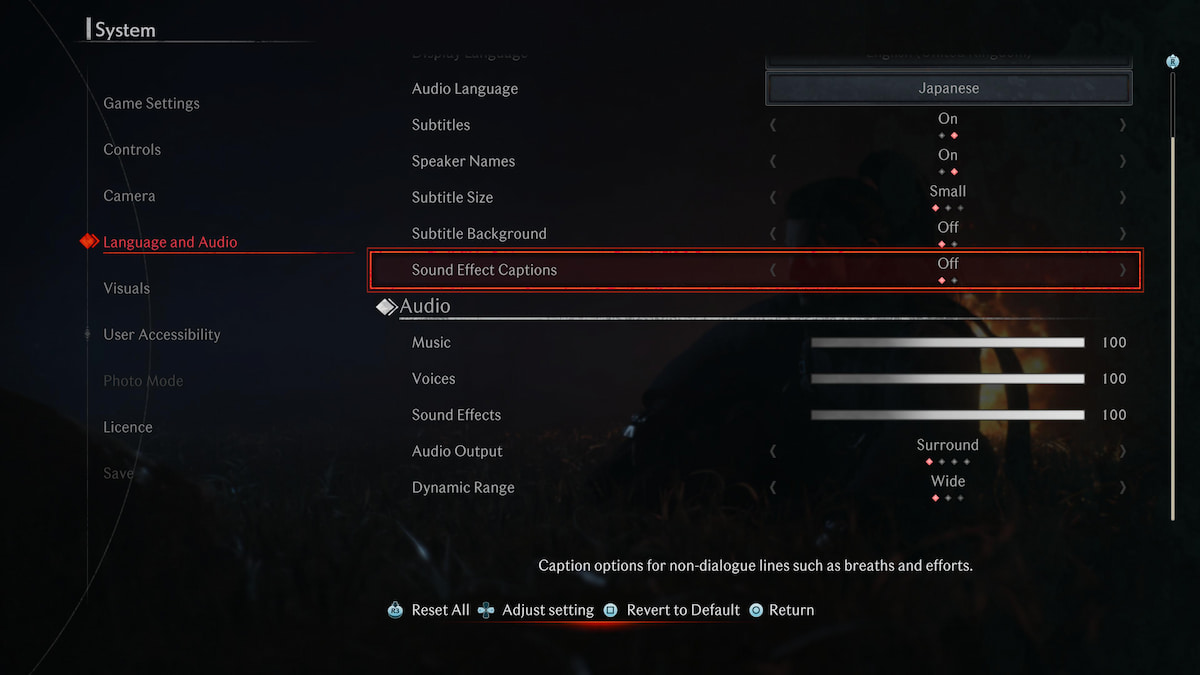 Rise of the Ronin Language and Audio Settings menu