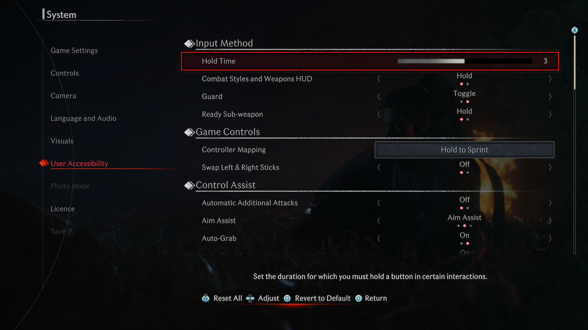 Rise of the Ronin User Accessibility Settings menu