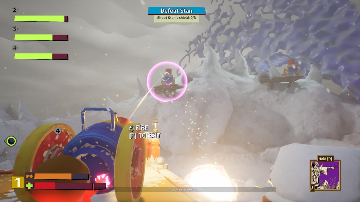 Player aiming a cannon at a shielded cannon in South Park Snow Day