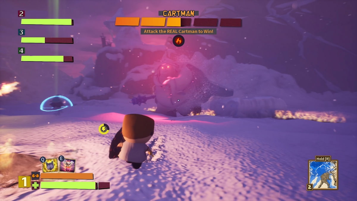 Player fighting Cartman and Bulrog in South Park Snow Day