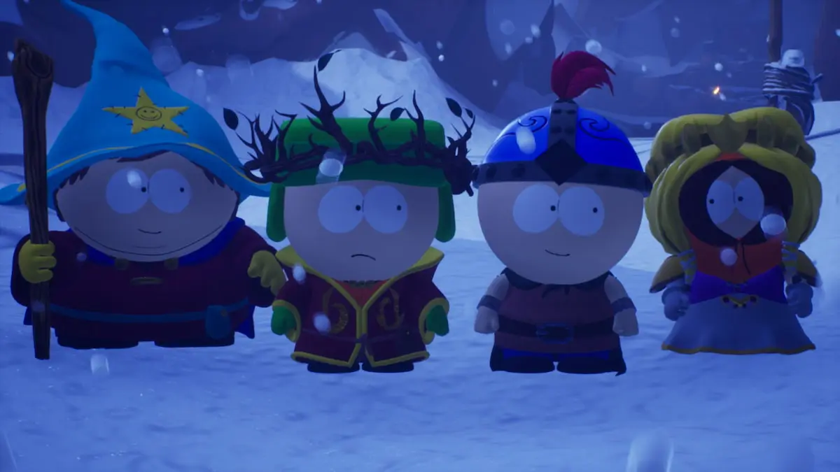 Cartman, Stan, Kyle and Kenny standing next to each other in South Park Snow Day