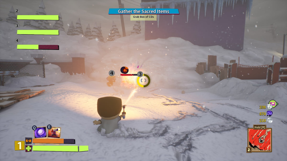 Player using a Wand as a flamethrower to hurt enemies in South Park Snow Day