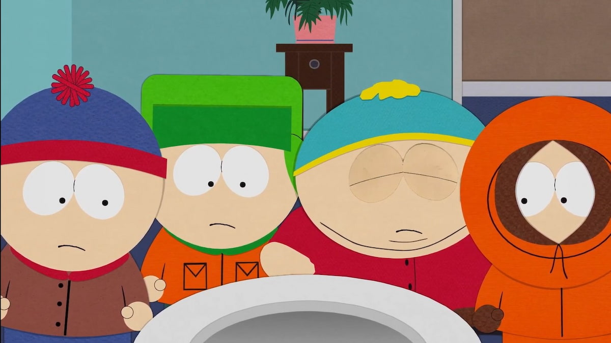 Stan, Kyle, Cartman and Kenny standing in front of a toilet bowl in South Park Snow Day