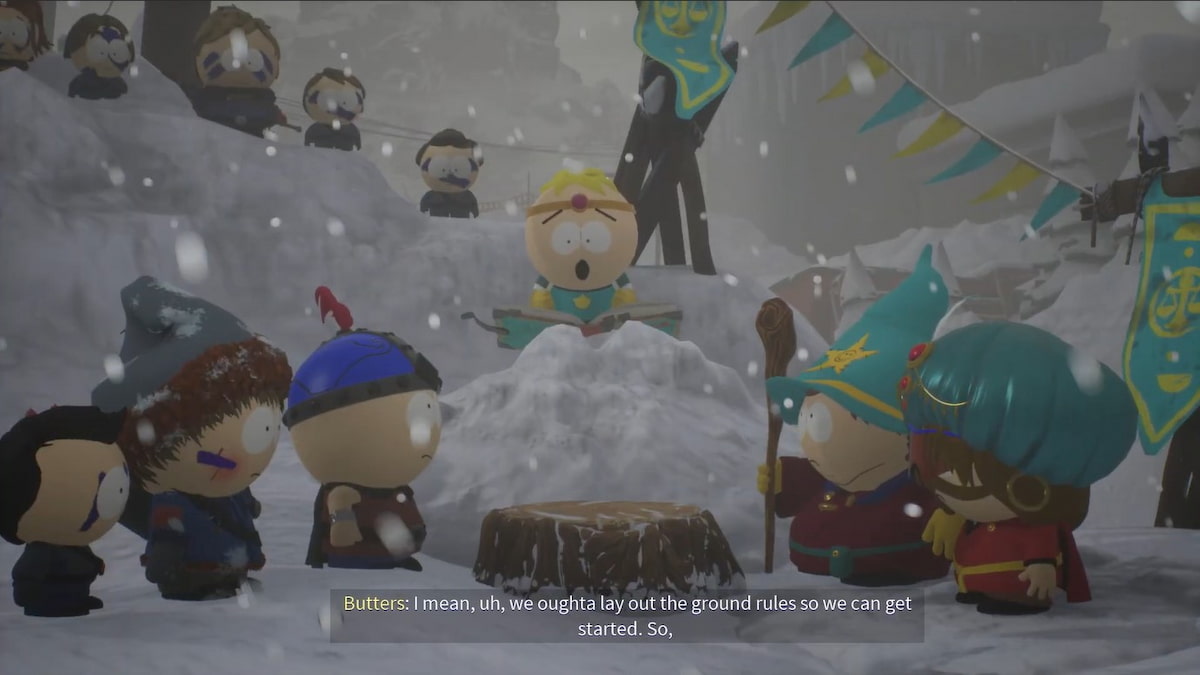 Player, Stan, Cartman and Butters overseeing an Upgrade selection in South Park Snow Day