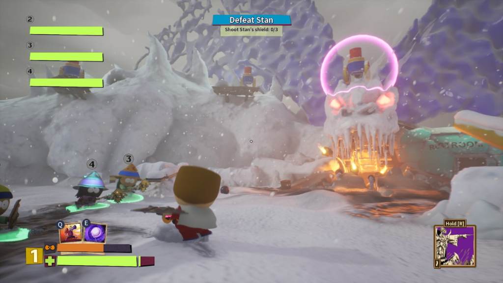 Player battling Stan's dragon contraption in South Park Snow Day