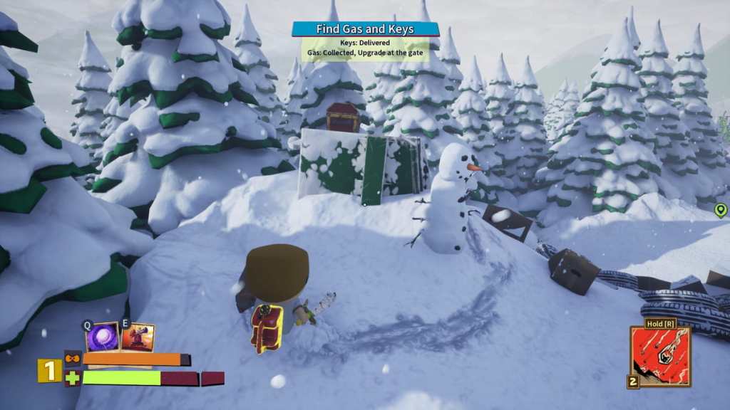 Player looking at treasure chest on top of a green dumpster in South Park Snow Day