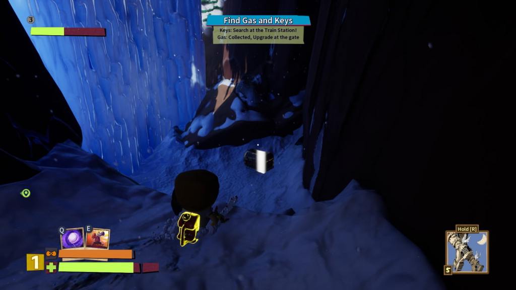 Player standing behind a frozen waterfall looking at a treasure chest in South Park Snow Day