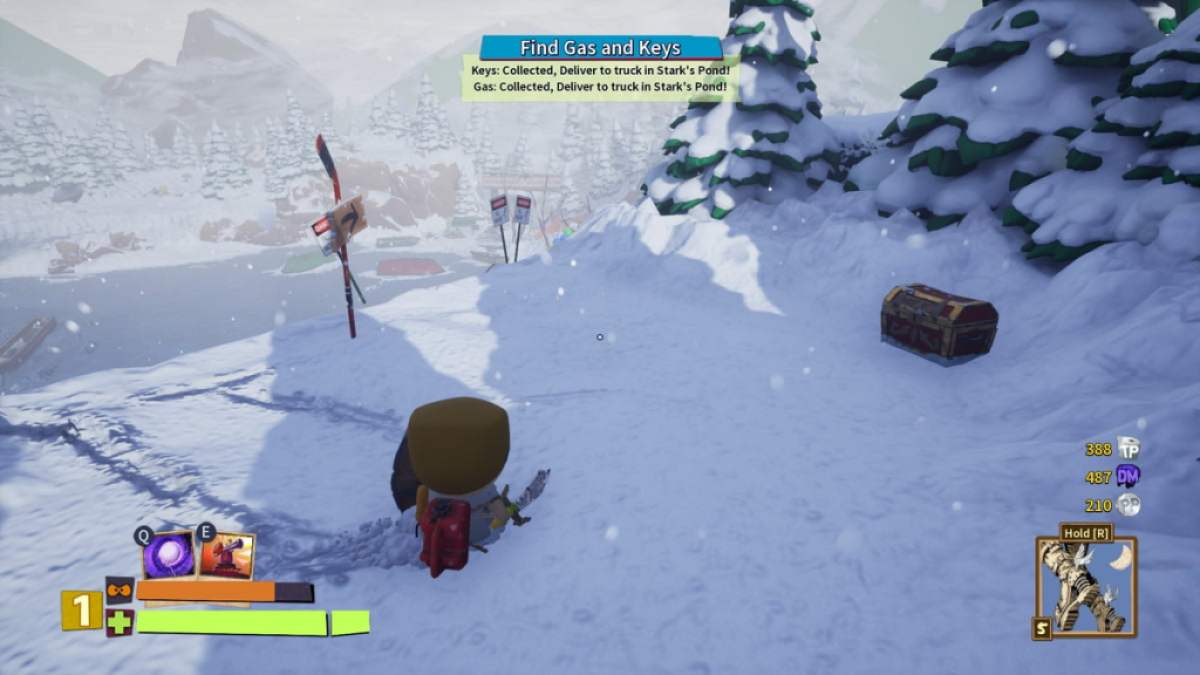 Player ovelooking Stark's Pond from a ledge with a treasure chest in South Park Snow Day