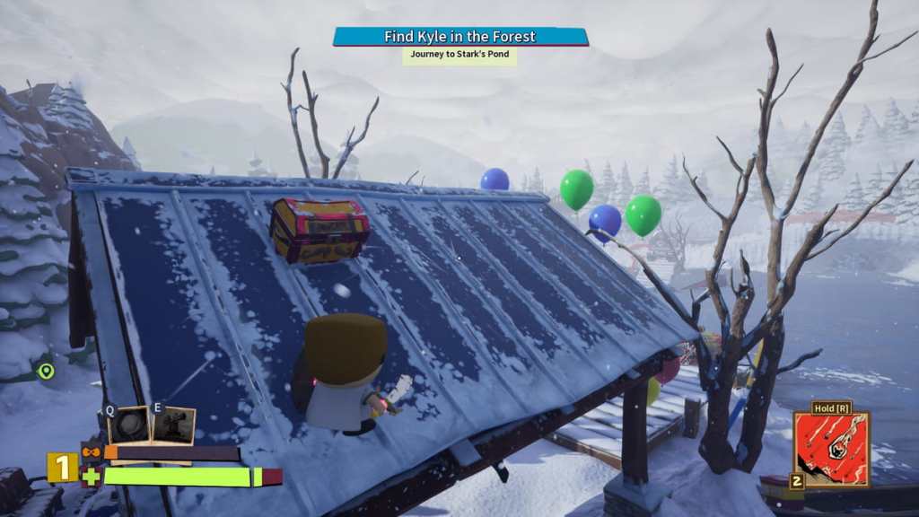 Player standing on a dock canopy looking at a treasure chest in South Park Snow Day