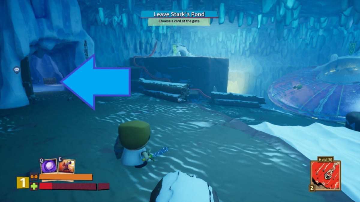 Player standing in an ice cave looking at a UFO and an open door containing a treasure chest in South Park Snow Day