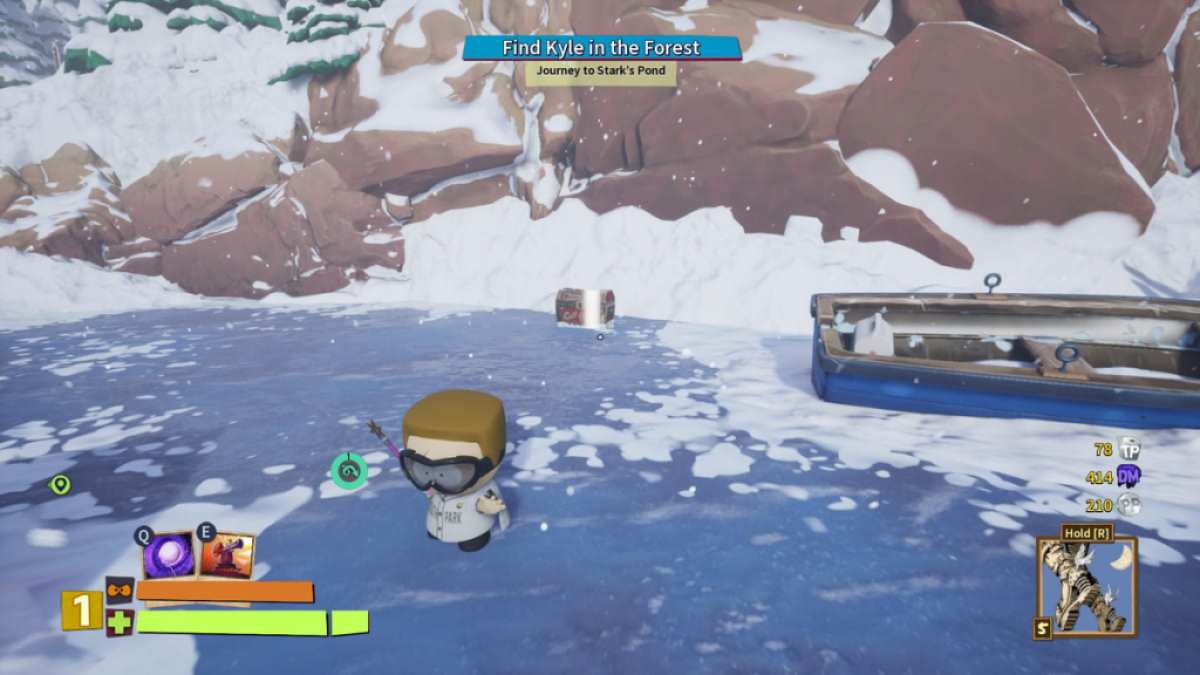 Player standing on a frozen lake looking in the opposite direction of a treasure chest in South Park Snow Day