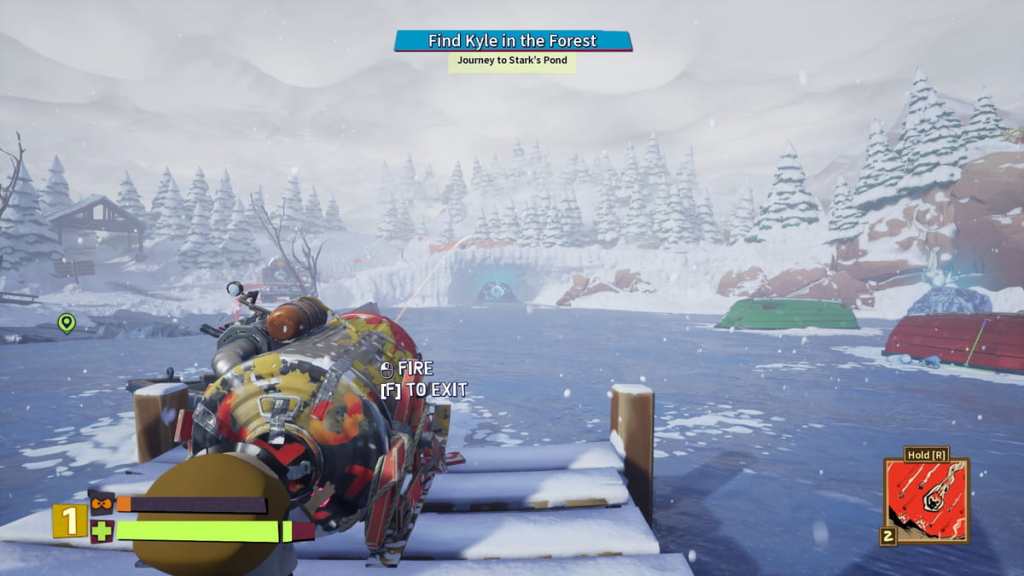 Player aiming the cannon at an ice block containing a treasure chest in South Park Snow Day
