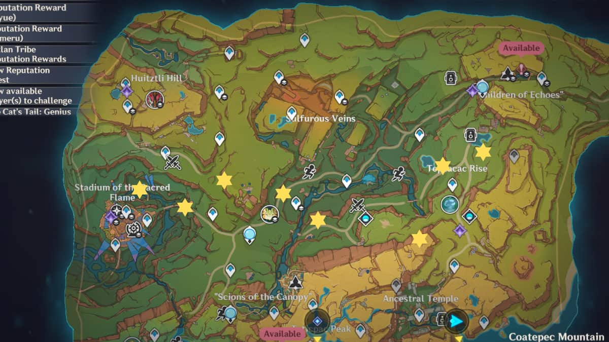 Genshin Impact stars marking the locations of time trials in the map