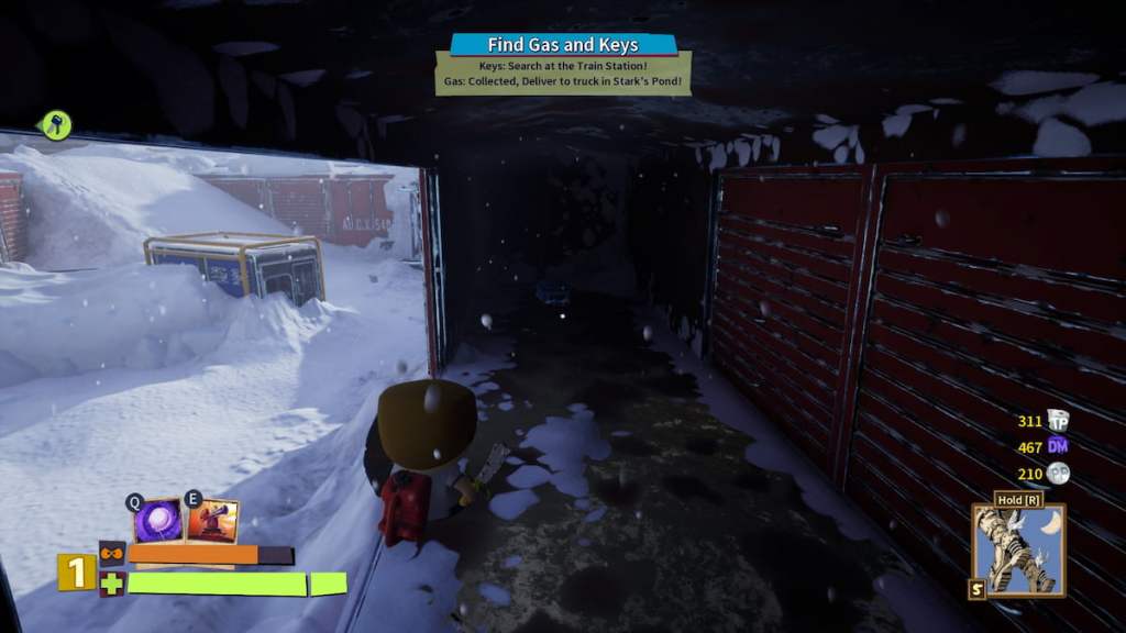 A player standing in a dark train car looking at a backpack in South Park Snow Day