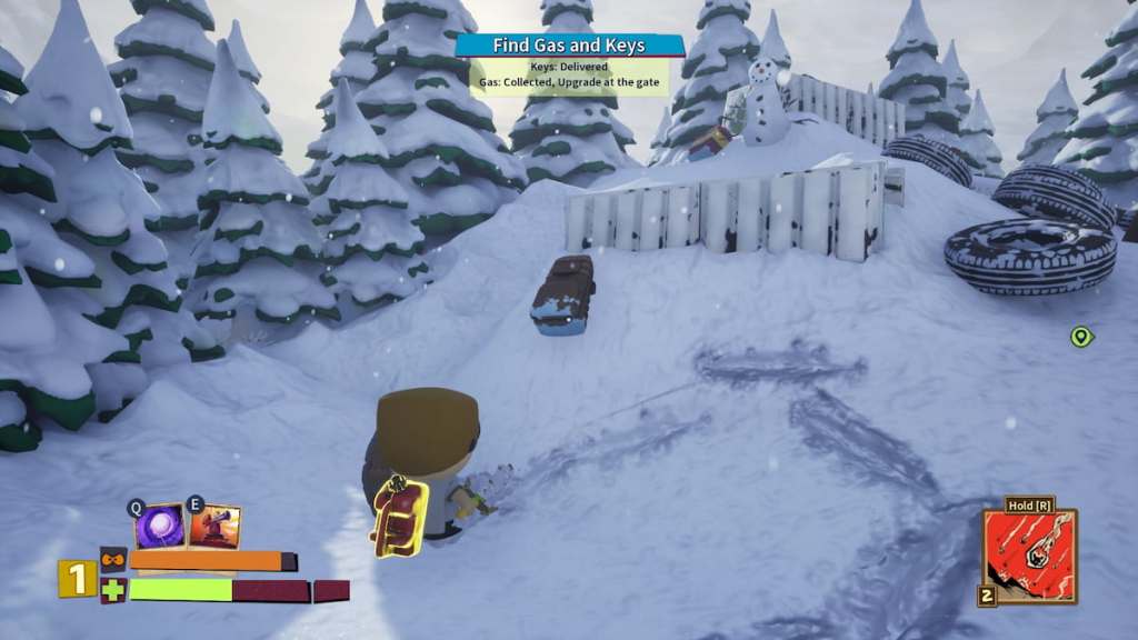 Player looking at a backpack behind a large container in South Park Snow Day