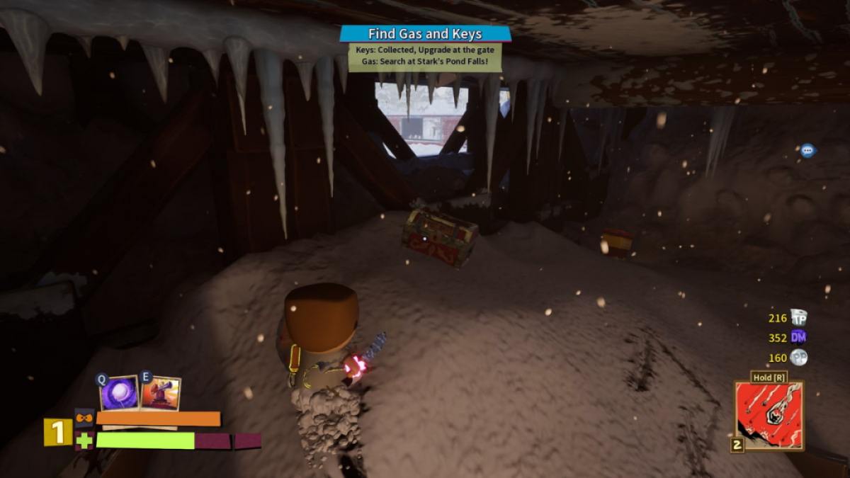 Player looking at a treasure chest underneath a train station in South Park Snow Day