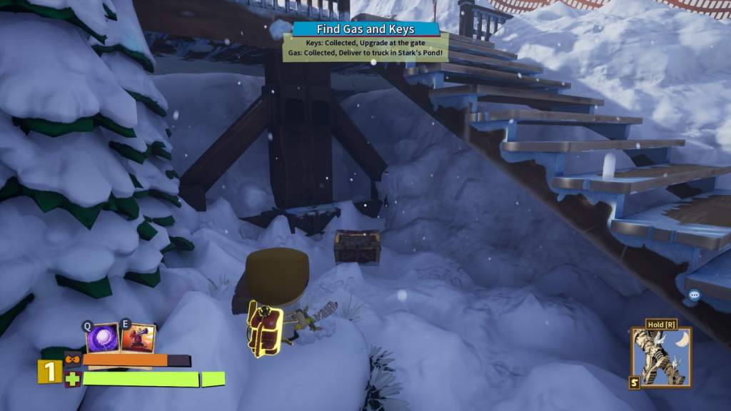 Player looking at a treasure chest underneath the stairs of a train station in South Park Snow Day