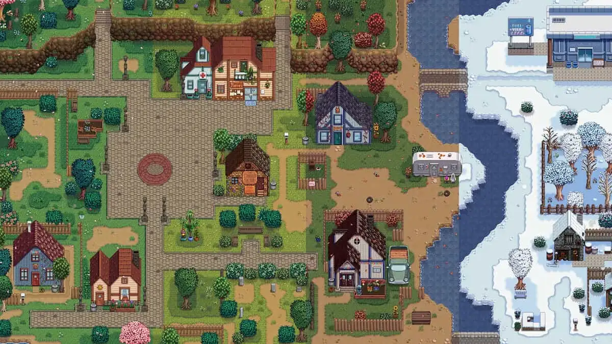 Stardew Valley Vibrant Pastoral mod applies to a town