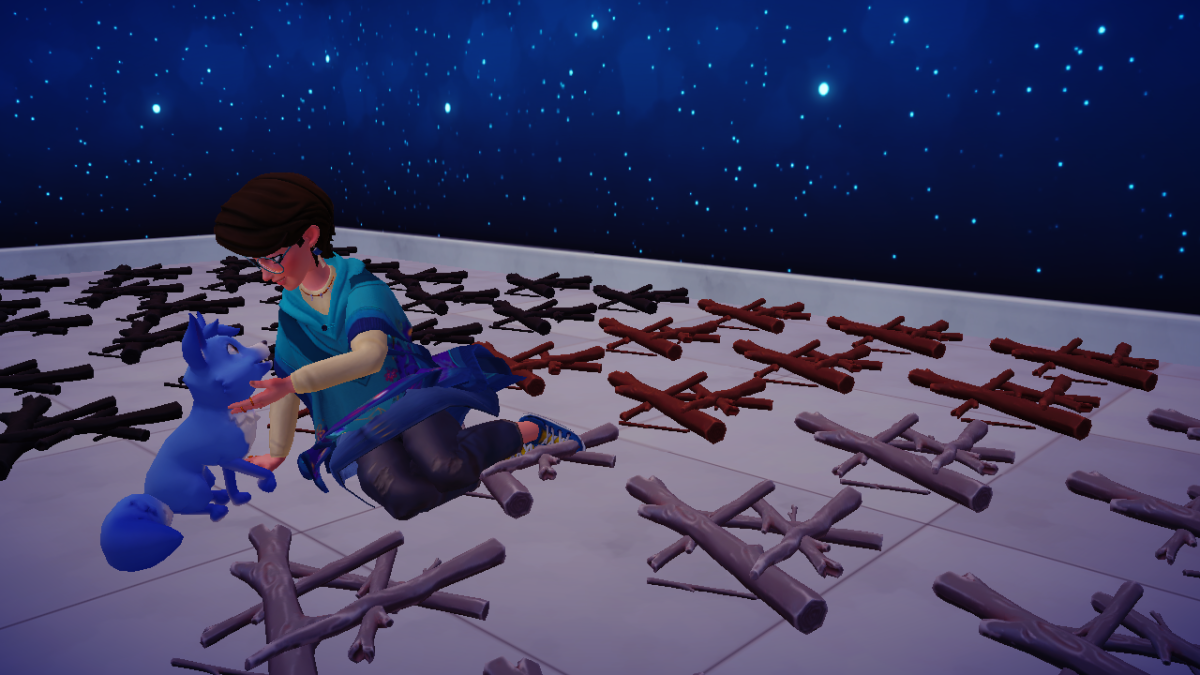 A female-presenting Disney Dreamlight Valley avatar sits on the floor of a room cuddling a blue fox companion.  They are surrounded by different colors of wood, in a gift house room that has starry wallpaper. 
