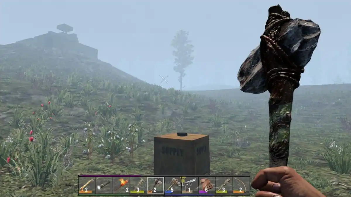 Supply crate dropped in Navezgane with a stone axe on screen in 7 Days to Die