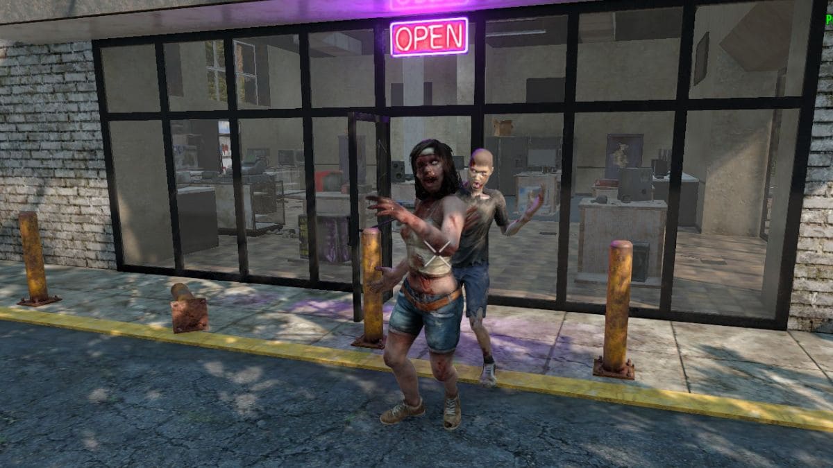 Zombies exiting a shop in Navezgane map of 7 Days to Die