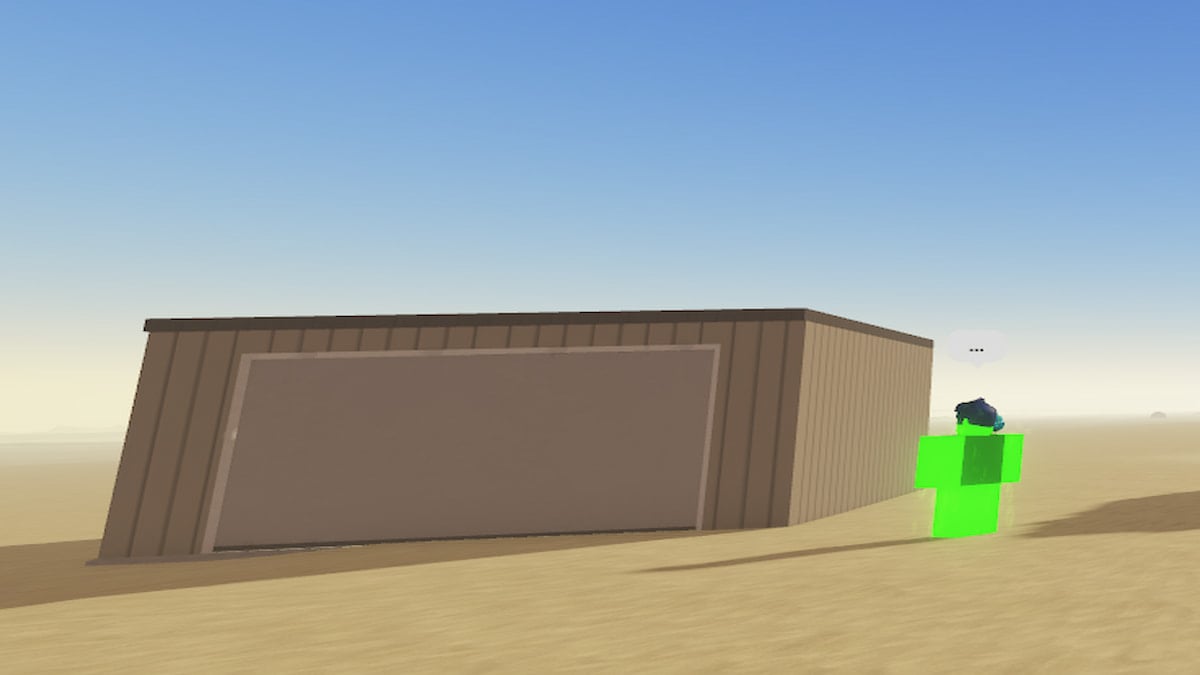 A player standing in front of  a garage in A Dusty Trip