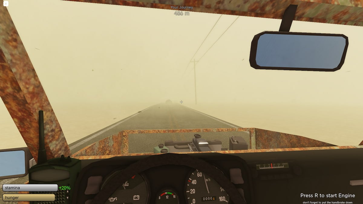 An image of a player driving through a sandstorm in Dusty Trip