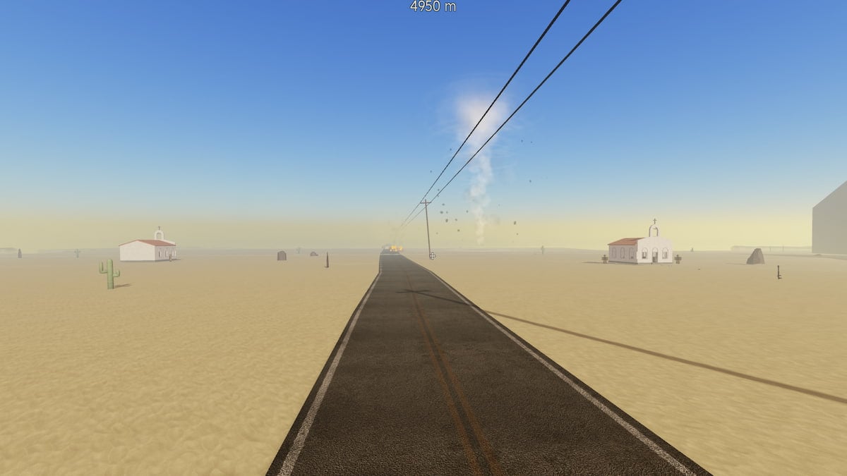 An image of a player driving through a tornado in Dusty Trip