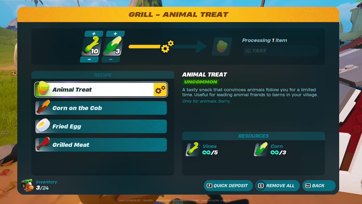 Creating an Animal Treat inside a Grill in LEGO Fortnite