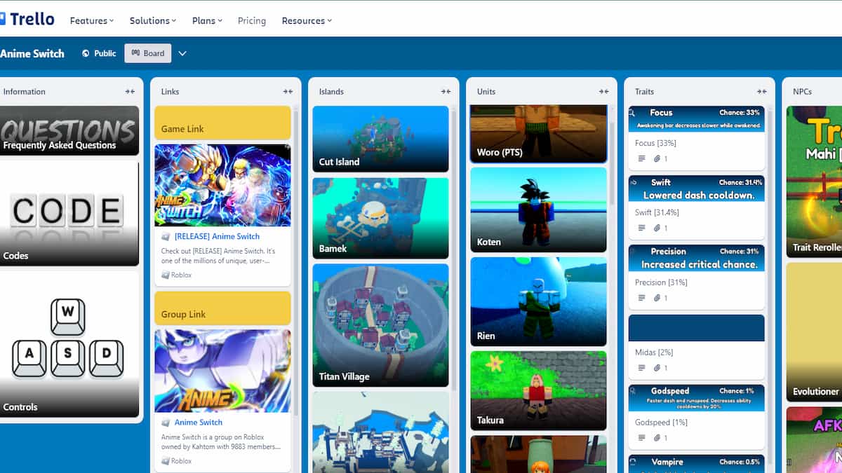 The Anime Switch Trello with several cards