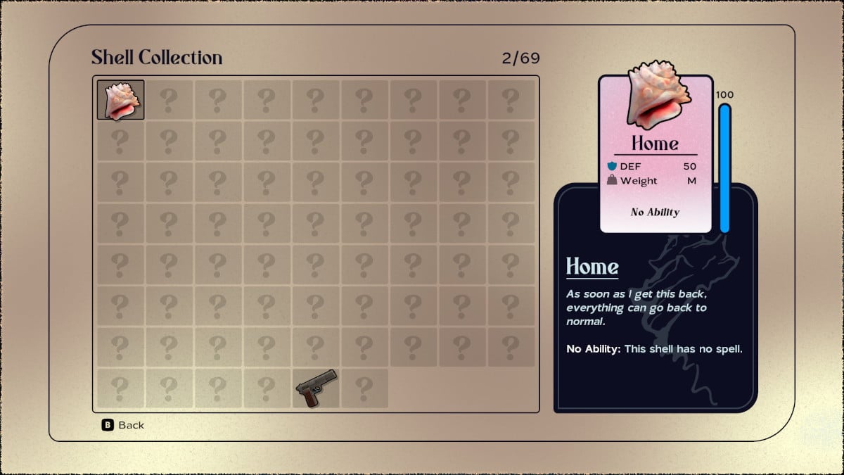 The home shell's stats on the menu in Another Crab's Treasure.