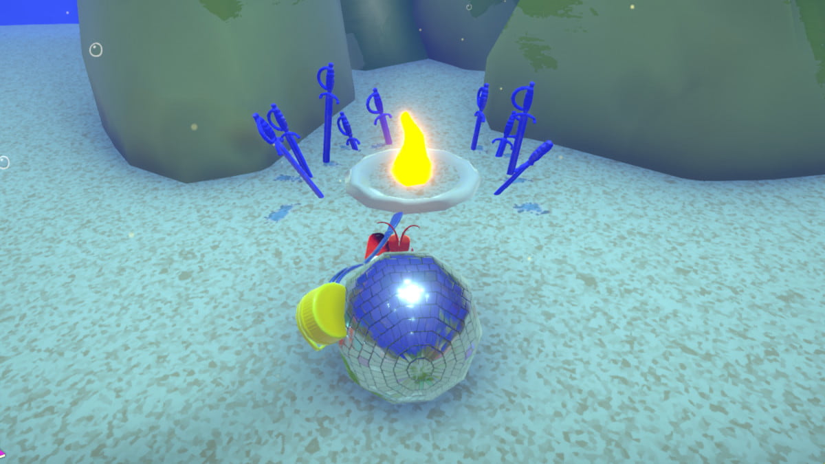 Krill stands in front of an underwater bonfire in Another Crab’s Treasure.