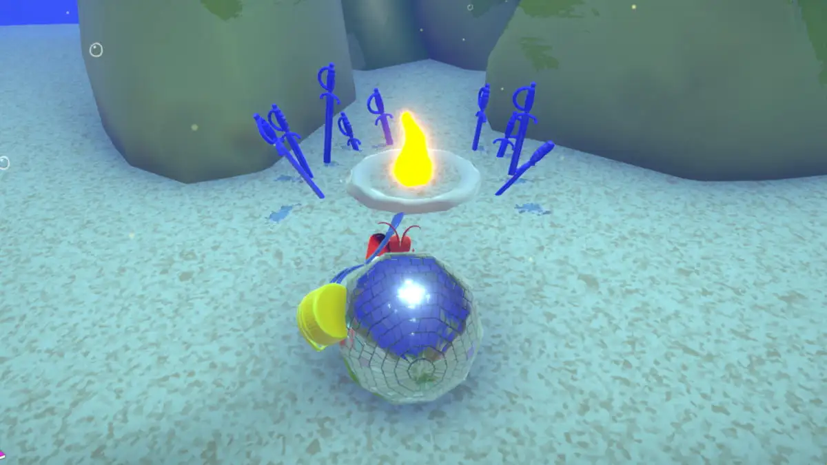 Krill stands in front of an underwater bonfire in Another Crab's Treasure.